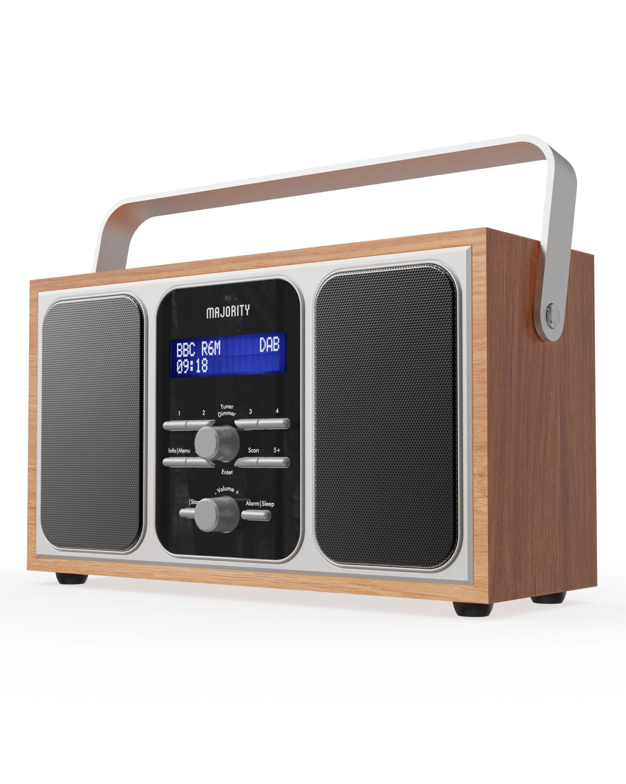 DAB radio portable | DAB+ radio Mains Powered or 15h Battery powered| Premium Wood and Steel | FM Radio, Dual Alarm Clock, & 20 Preset Stations | LED Display and Headphone Jack | MAJORITY Girton Oak