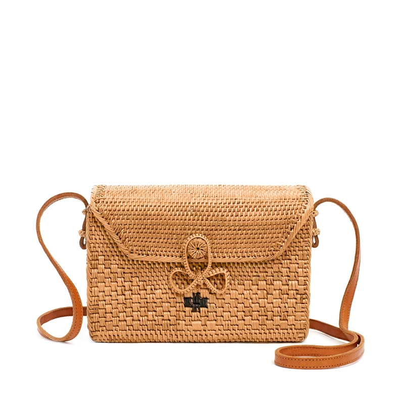 Novum Crafts New Rattan Bags for Women - Handmade Wicker Woven Purse Handbag Circle Boho Bag Bali (Square Bow), Square Bow