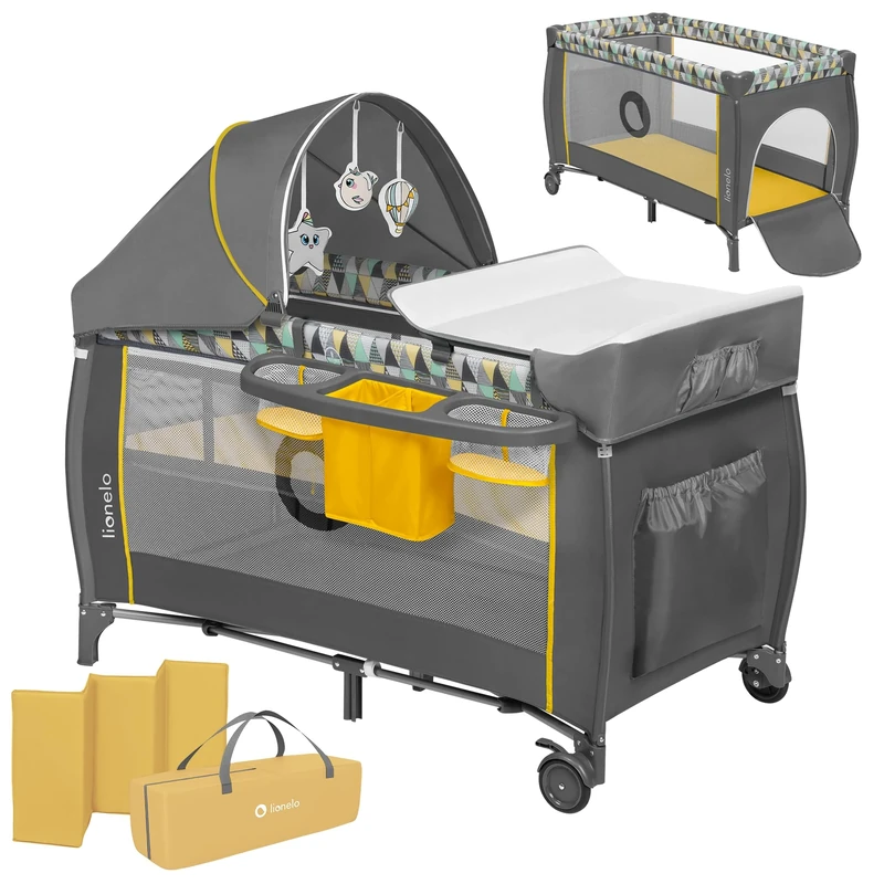 Lionelo Sven Plus 2in1 Travel Cot and Portable Baby Zone for newborns 0-36 Months Foldable with 2-level Heights, Changing Table, Mattress, Side Entrance Mesh Walls Mosquito Net Canopy Wheels Organiser