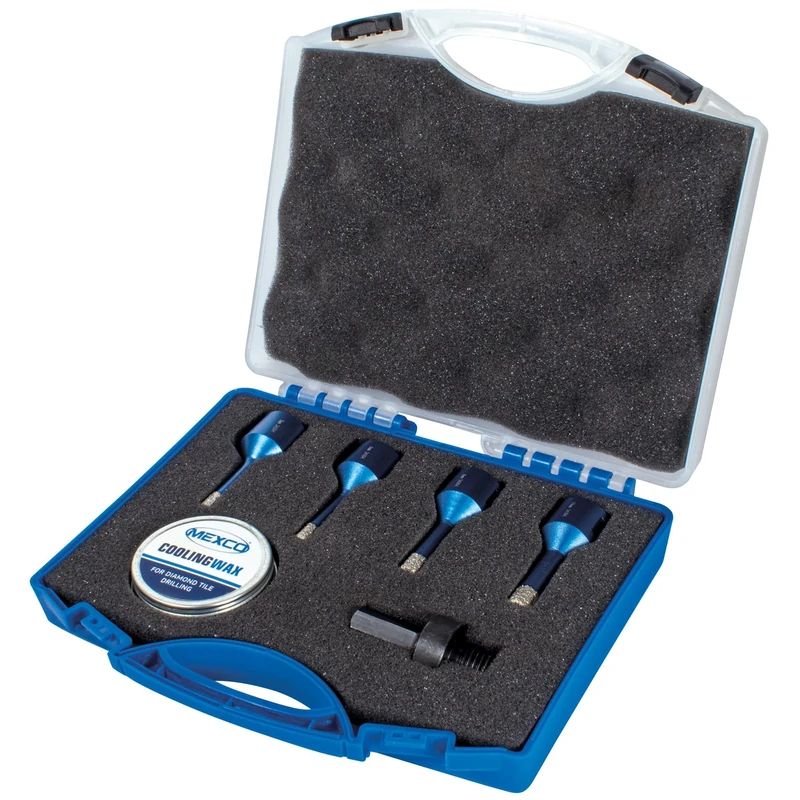 Mexco Wax filled Diamond Tile Drill Bit with M14 Fit for Drilling Porcelain, Ceramic, Stone – 6mm, 7mm, 8mm & 10mm with M14 to Hex Adaptor, Cooling Wax & Carry Case