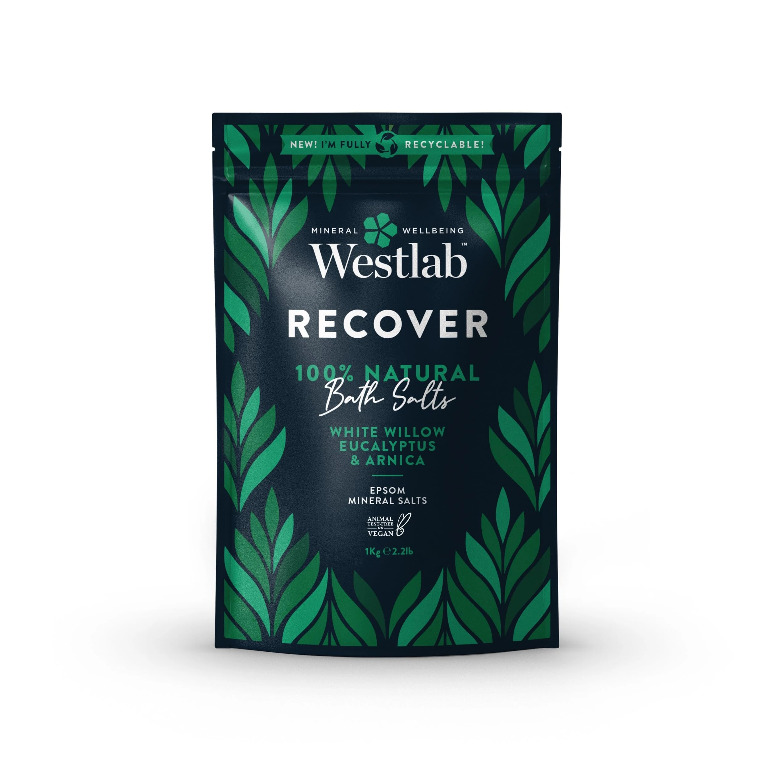 Westlab - 1kg - Recover Epsom Salts Infused with White Willow & Eucalyptus - Soothe Sore Muscles and Boost Recovery - Resealable Pouch