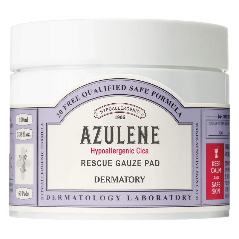 Dermatory Azulene Hypoallergenic CICA Rescue Gauze Pad - Soothing Skin Irritation Protection & Hydration - 60 Sheets - 100ml