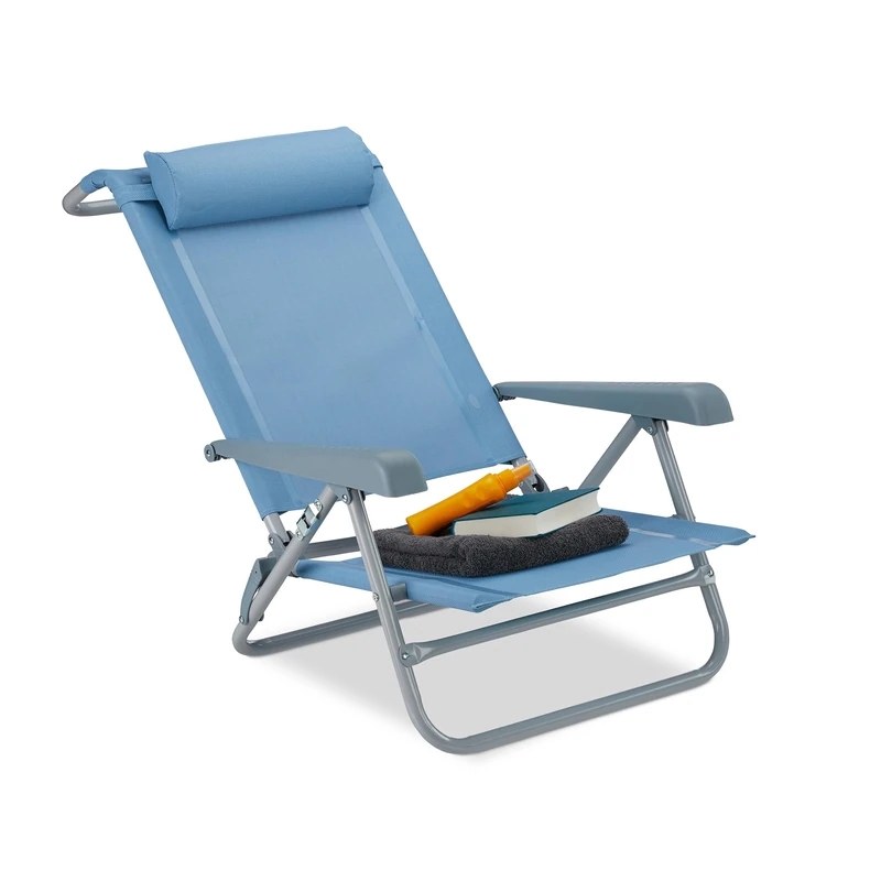 Relaxdays Folding Deck Chair, Neck Cushion, Bottle Opener, Adjustable Armrests, 120 kg, Textilene Fabric, Blue