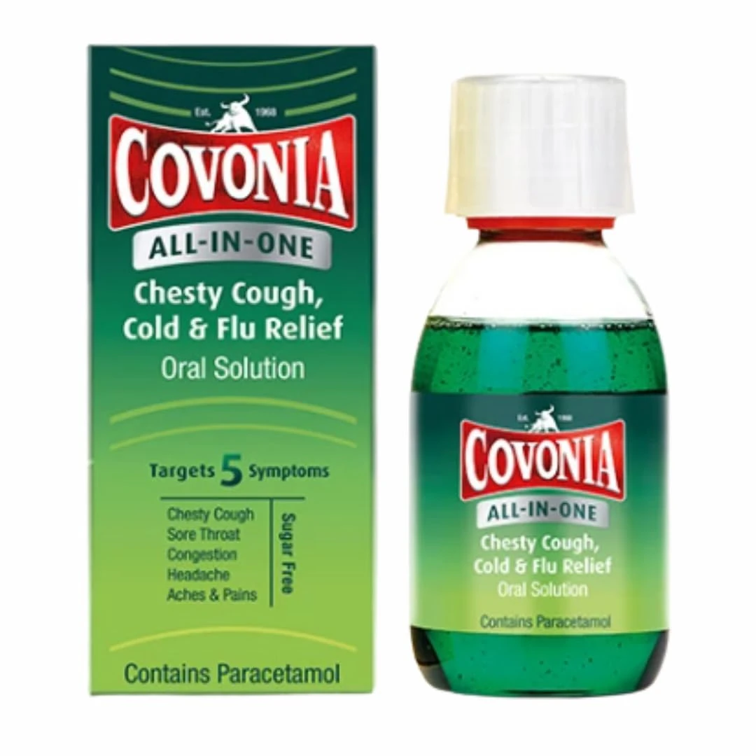 Covonia All-in-One Chesty Cough, Cold & Flu Relief Oral Solution, Sugar Free, Fights Chesty Cough, Headaches, Sore Throats,Contains Paracetamol, for Adults & Children Aged 12 +,160ml