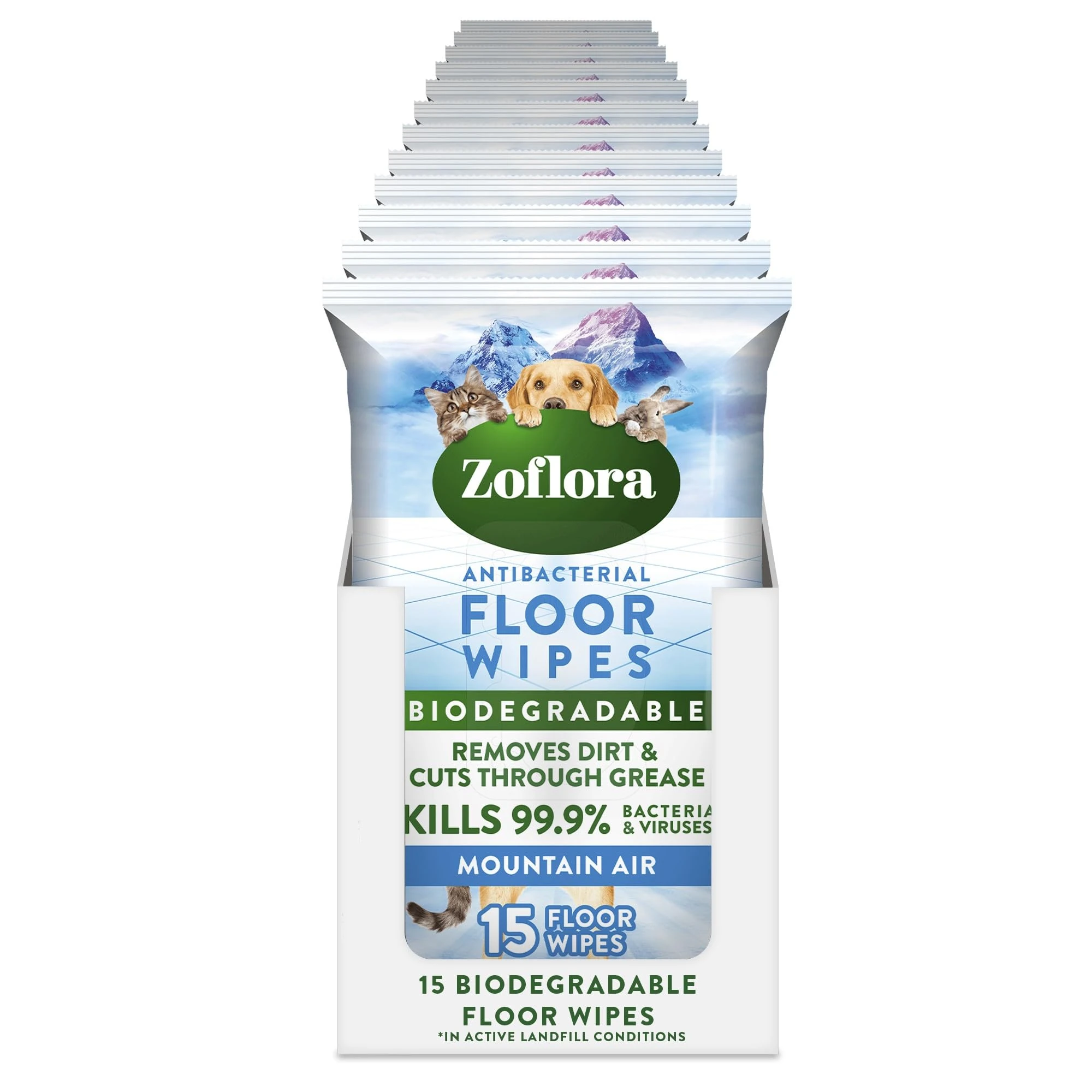 Zoflora Mountain Air Floor Wipes, 12 Pack x 15 Pack, Antibacterial & Multi-Surface Floor Cleaning, Removes Dirt & Odours, Kills 99.9% of Bacteria & Viruses.