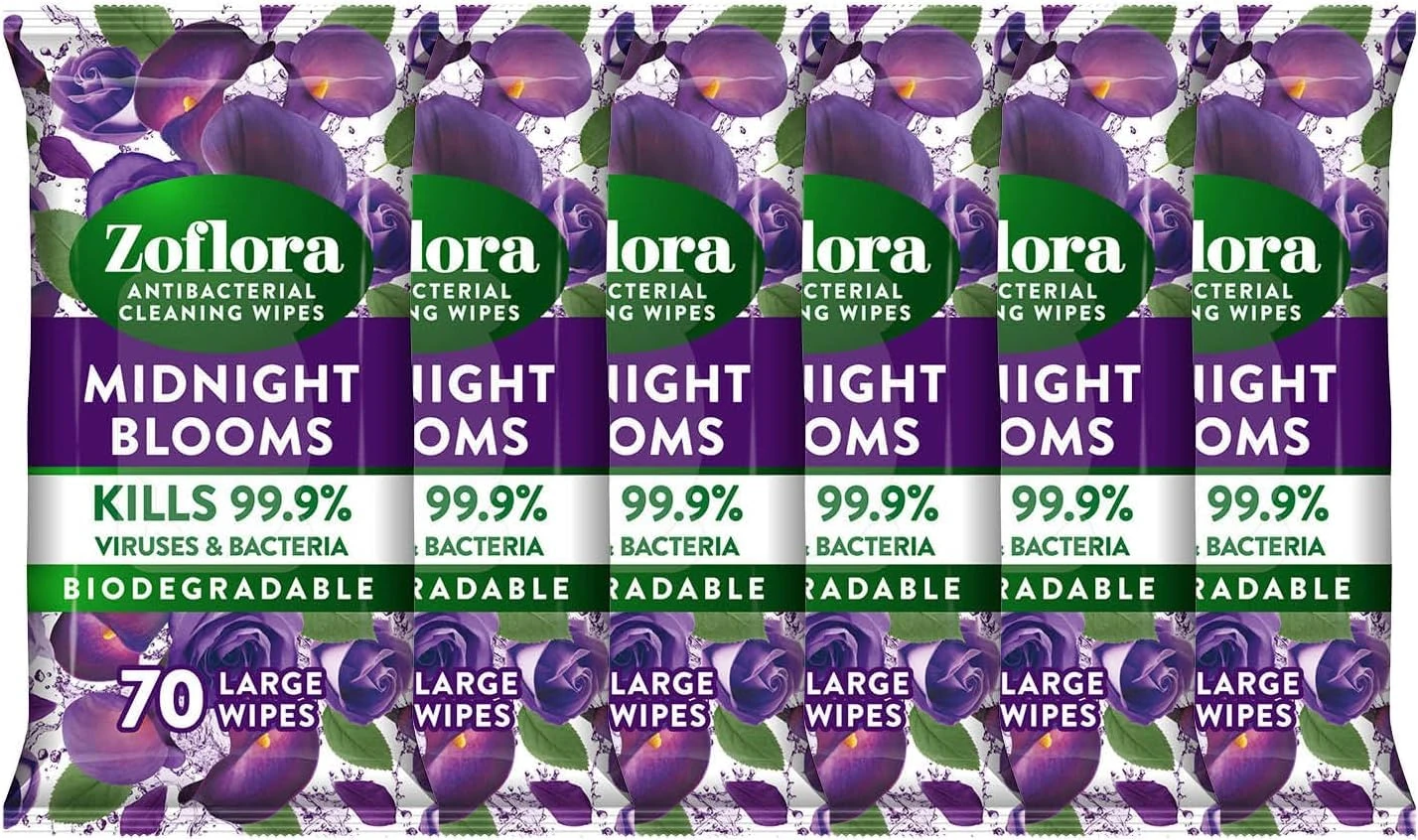 Zoflora Midnight Blooms Large Biodegradeable Wipes, Antibacterial Cleaning, 6 x 70 Wipes Pack, Multi-Surface Disinfectant, Removes Odours & Kills 99.9% of Bacteria & Viruses