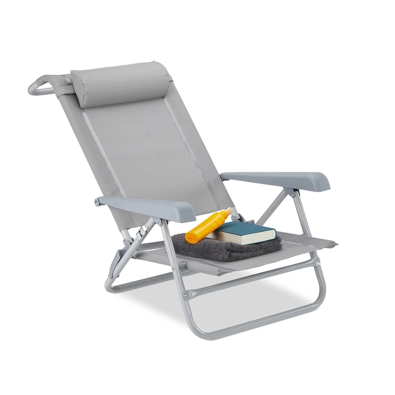Relaxdays Folding Deck Chair, Neck Cushion, Bottle Opener, Adjustable Armrests, 120 kg, Textilene Fabric, Grey