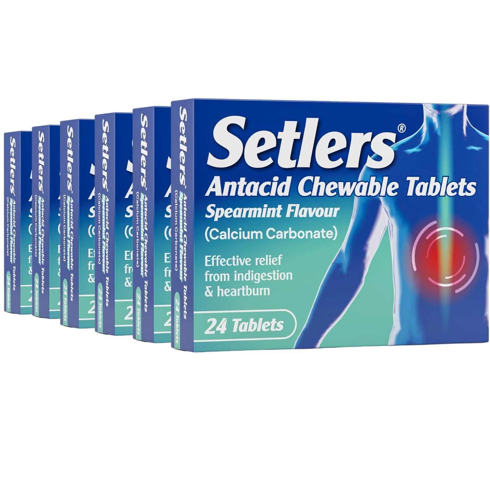 Setlers Antacid Chewable Tablets, Spearmint Flavour, 144 Tablets (6 x 24 Pack), Contains Calcium Carbonate, Effective Relief from Indigestion and Heartburn, Tackles Acid Reflux
