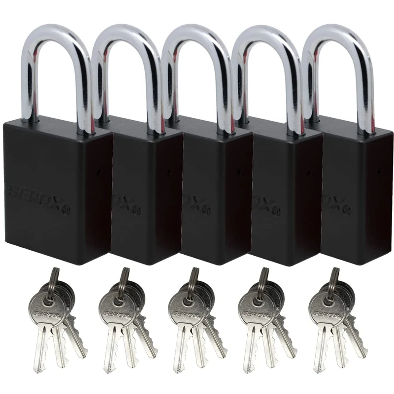 SEPOX Keyed Alike Padlocks Aluminum Outdoor Long Shackle Padlock for Indoor Locks with Key Pack of 5 Black 1-1/2"(38mm)