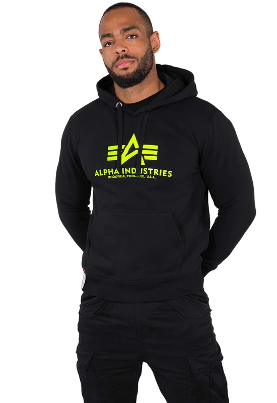 ALPHA INDUSTRIES Men's Basic Hoody Sweatshirt, Black/Neon Yellow, 43.73