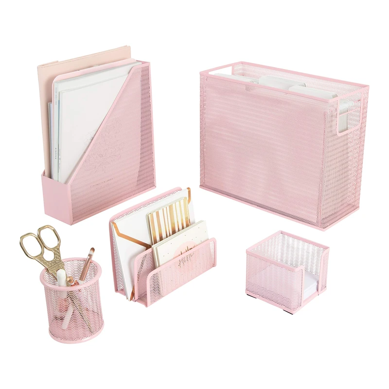 Blu Monaco 5-Piece Pink Buro Supplies Desk Organiser Set - with Desk Top Hanging File Organiser - Pink Desk Accessories for Women in the Office
