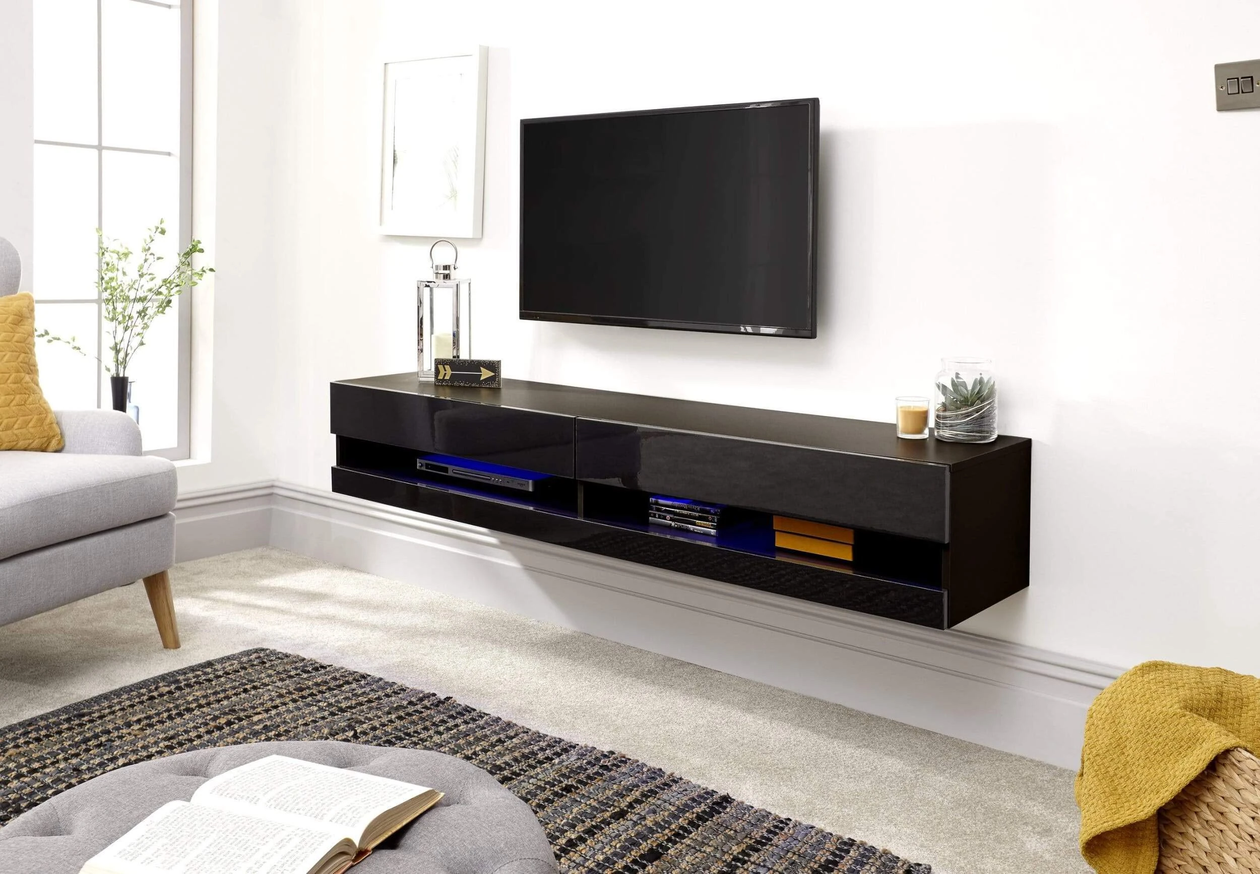 GFW Galicia Wall Mounted High Gloss Featuring A LED Downlight, This Floating TV Unit Console & Television Stand for Living Entertainment Room with Storage Shelves, Engineered Wood, Black, 150cm