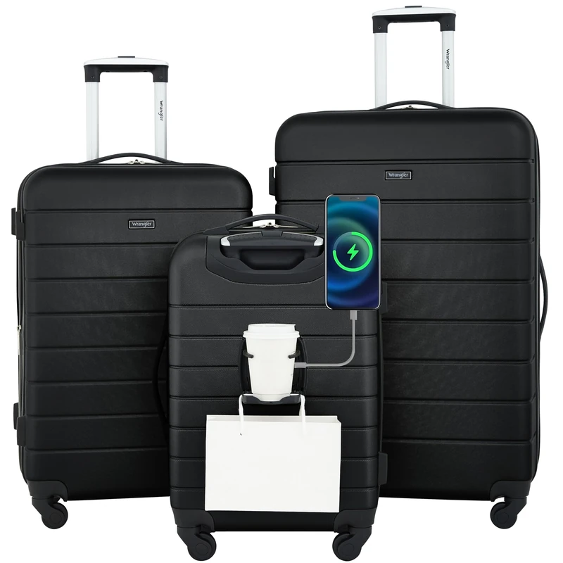 Wrangler Smart Luggage Set with Cup Holder and USB Port, Black, 3 Piece Set, Smart Luggage Set with Cup Holder and USB Port