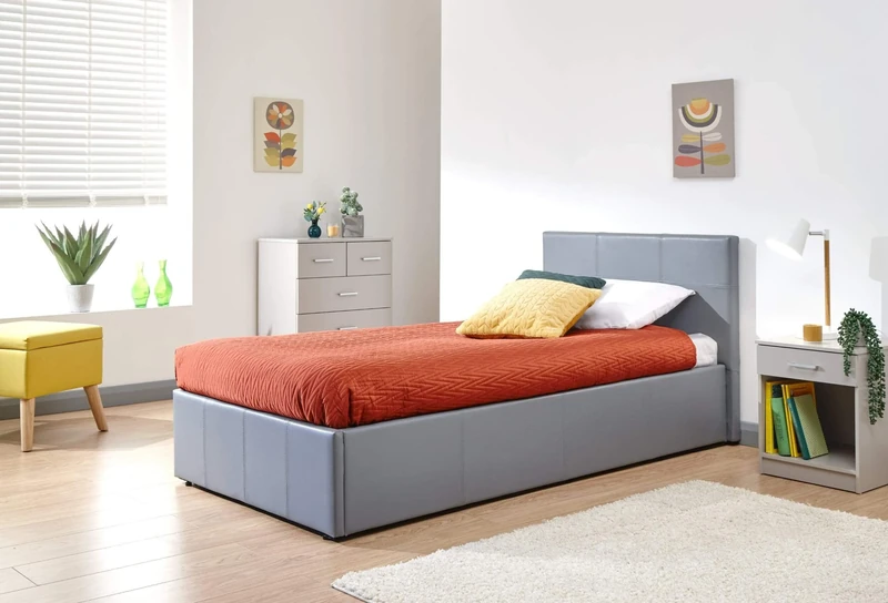 GFW Classic Leather Upholstered Ottoman Storage Bed With Gas End Lift & Under Bed Storage, Double, Faux Leather, Grey
