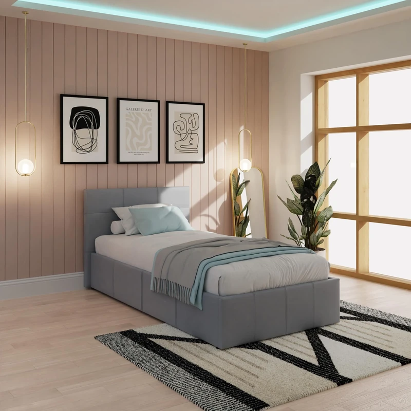 GFW Classic Leather Upholstered Ottoman Storage Bed With Gas End Lift & Under Bed Storage, Single, Faux Leather, Grey