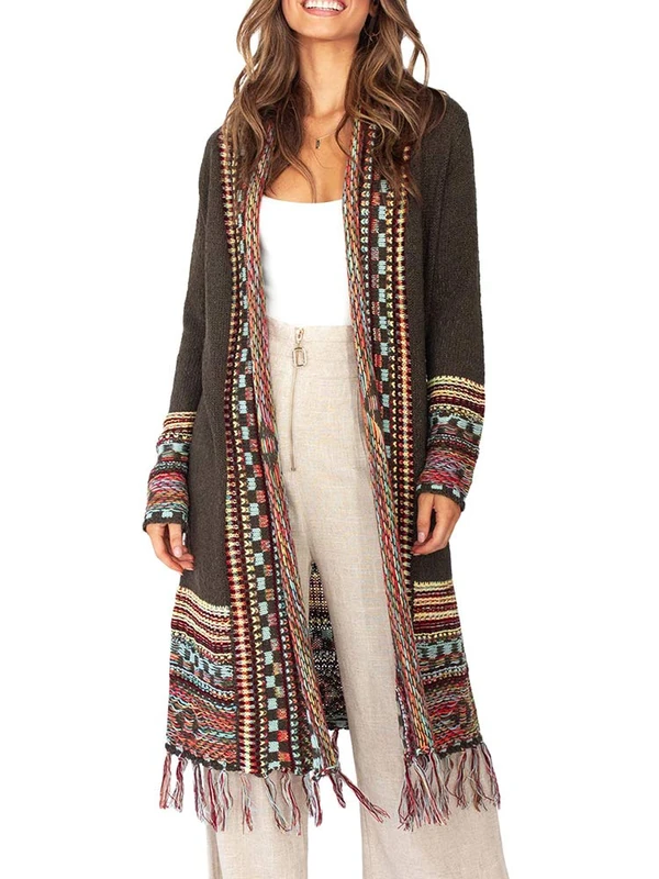 Ferbia Women Boho Long Sleeve Cardigan Open Front Loose Sweater Maxi Bohemian Knit Sweater Aztec Tribal Tassel Fringe - Brown - Small