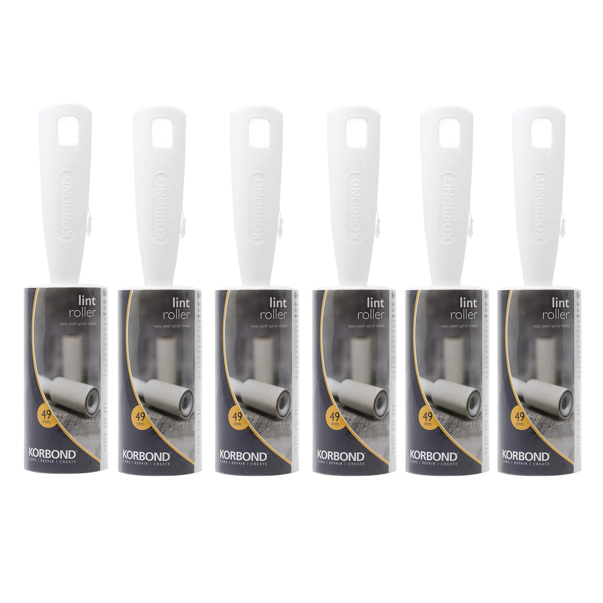 Korbond 6 Pack of 7.4m Lint Rollers–294 Sticky Easy Peel Sheets -for ALL FABRIC TYPES- Removes Dust and Fluff from Furniture, Upholstery, Laundry, Washing Machine, & Carpet-Leaves NO RESIDUE-Odourless