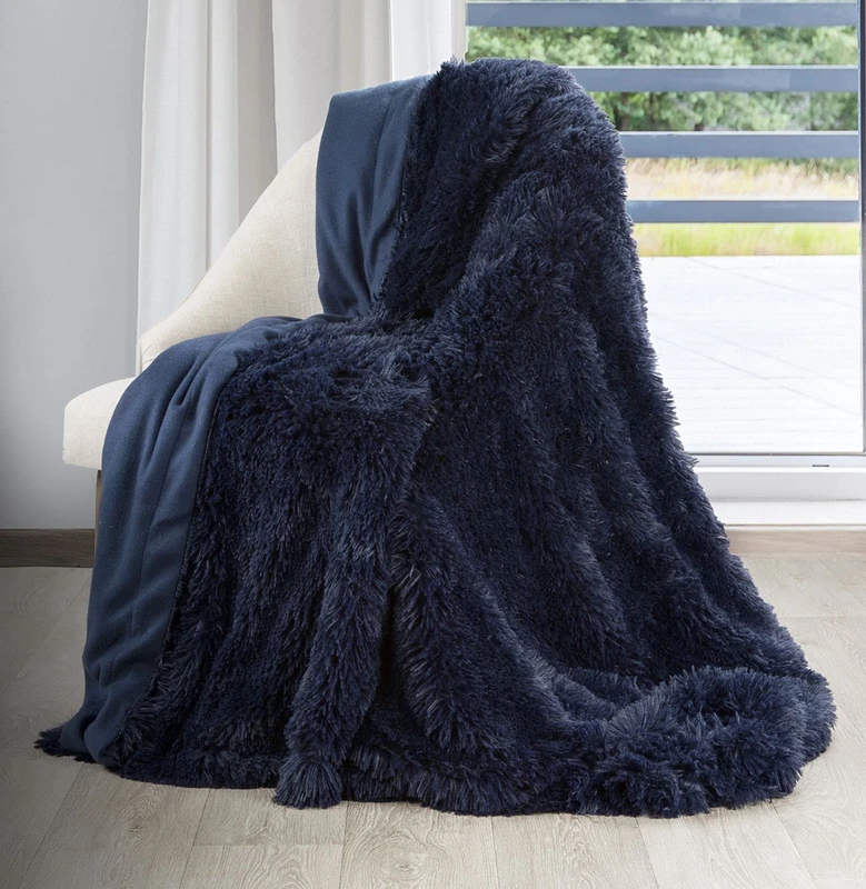 Eurofirany fleece blanket, sofa cover, armchair blanket, blanket, cuddly blanket, bed throw, shaggy blanket, bedspread, faux fur, throw, lettie. (Dark blue, 200 x 220 cm), polyester,