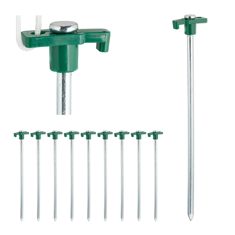 Relaxdays Set of 10 Heavy Duty Tent Pegs, Hard Ground Anchors, 25 cm, Steel Ground Stakes, Galvanized Steel, Green