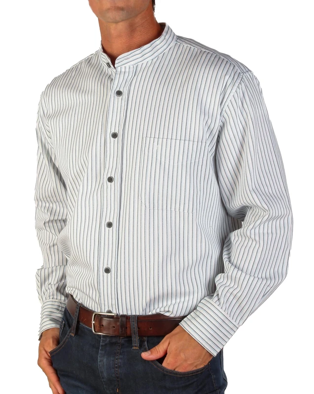 The Celtic Ranch Traditional Collarless Grandfather Shirt, Men's Long Sleeve Dress Shirt, Blue/White Stripe, XL - Image 1