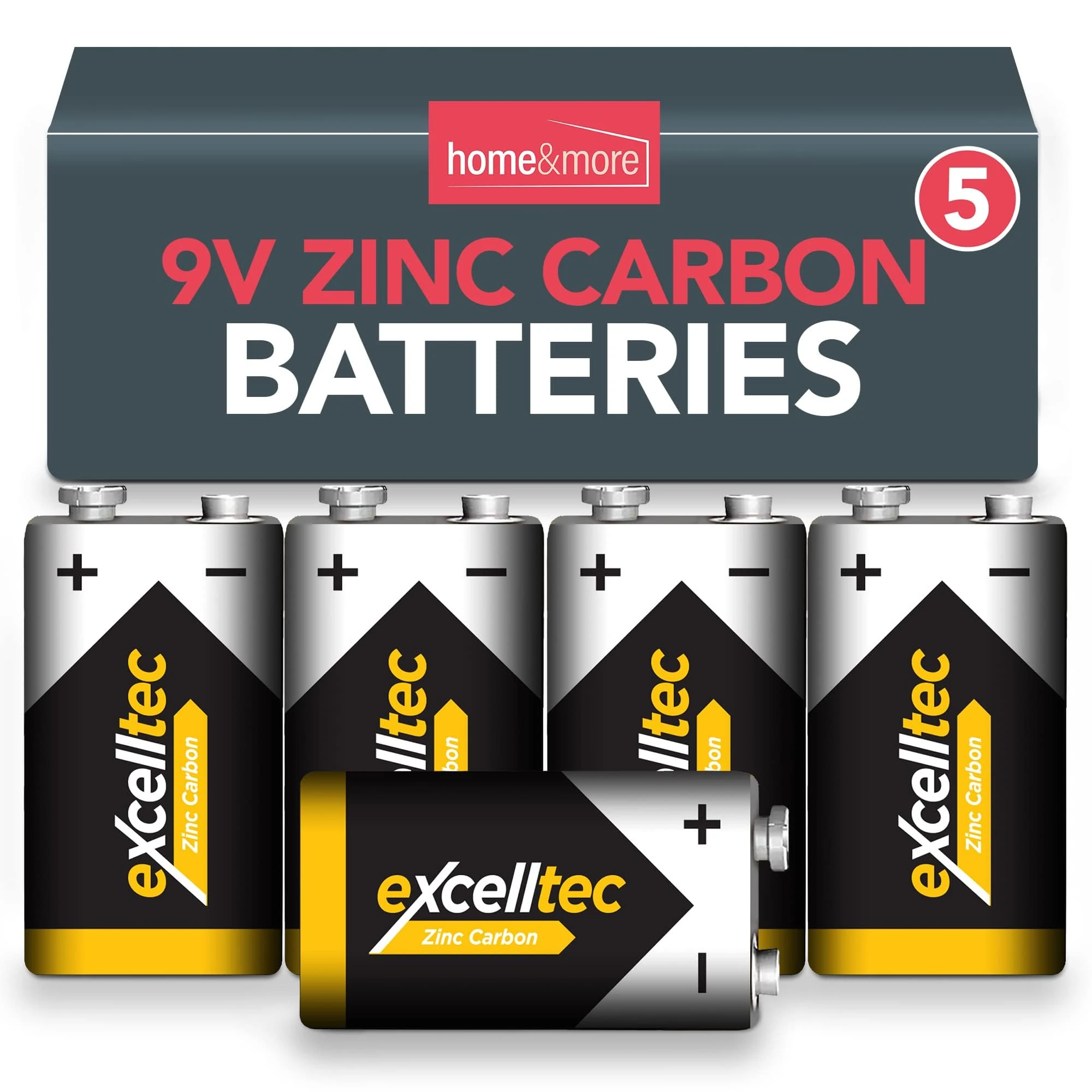 Excelltec 5pk 9V Zinc Carbon Batteries, Heavy Duty PP3 9V Battery, Long-Lasting Power, Reliable Performance, Ideal for Smoke Alarms, Toys, Remote Controls, Clocks, Small Electronics, and Everyday Use