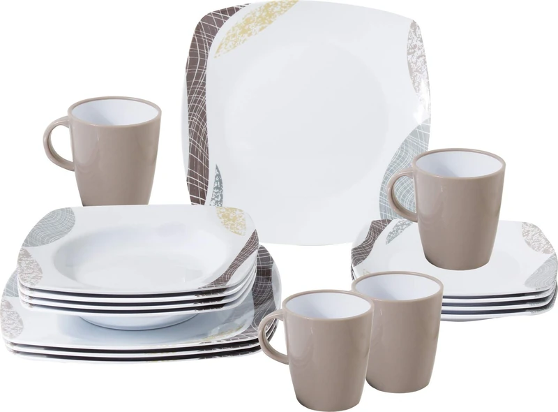 BRUNNER Camping Tableware Set (Set of 16 Pieces) for 4 People - Melamine Set Khadì - Made of High Quality Melamine, Non-slip and Durable