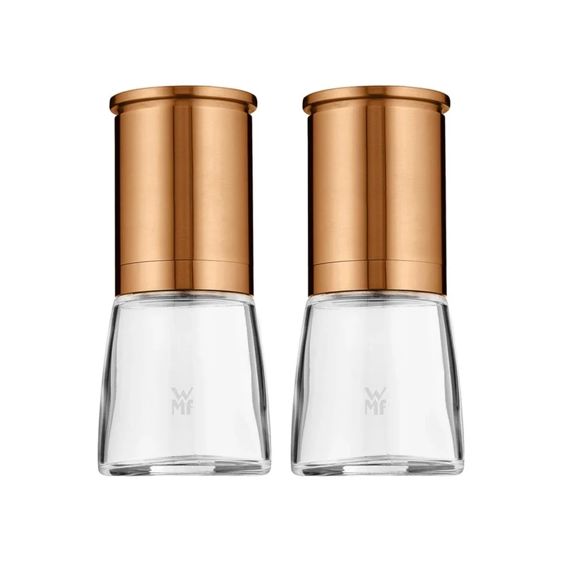 WMF De Luxe Salt and Pepper Mill Set 2 Pieces Unfilled 14 cm Glass Ceramic Grinder Mill for Salt Pepper Chilli Pepper Copper