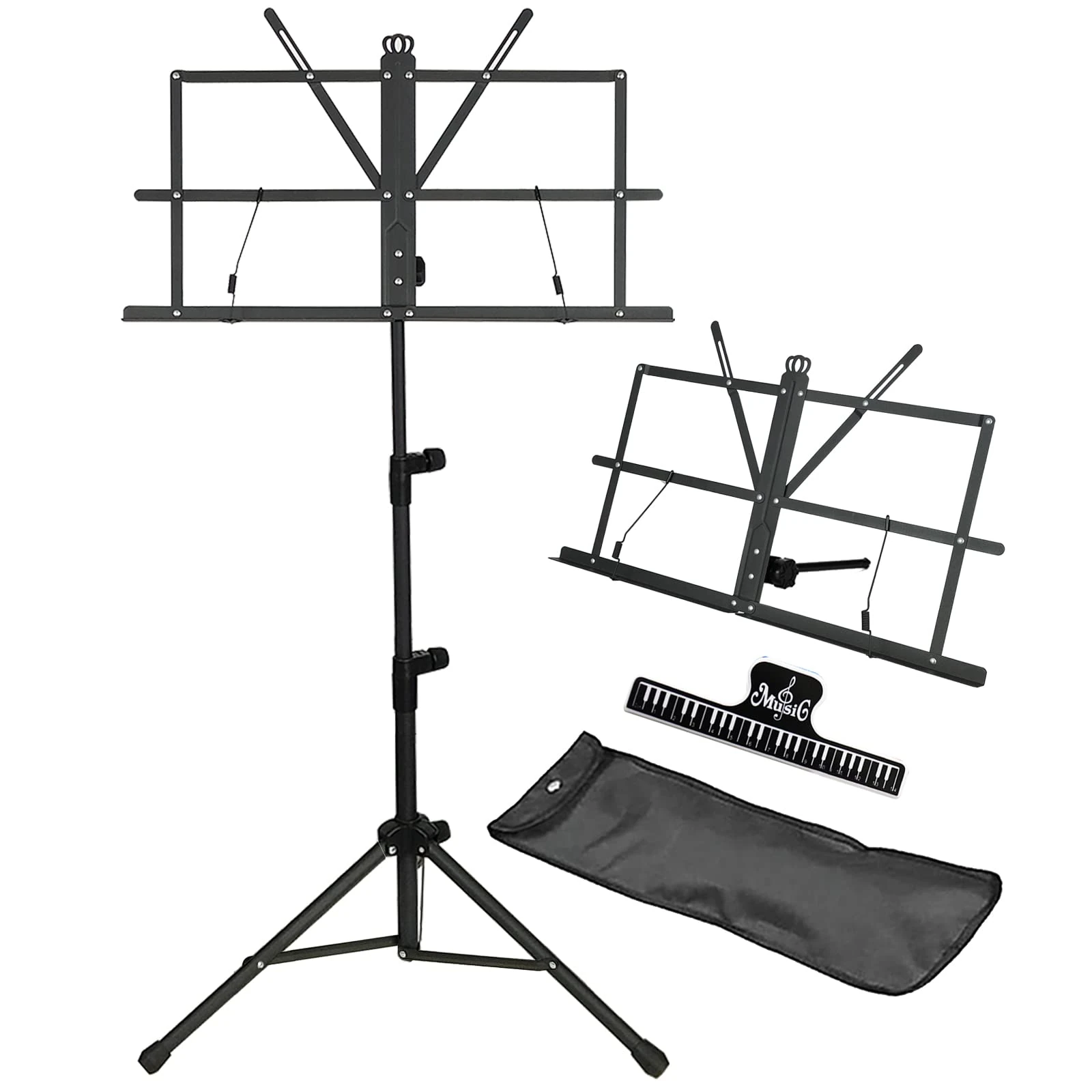 IRONTREE Music Stand - 2 in 1 Dual-Use Desktop Book Stand Folding Music Holder Portable and Lightweight with Music Sheet Clip Holder & Carrying Bag Suitable for Instrumental Performance (Black)