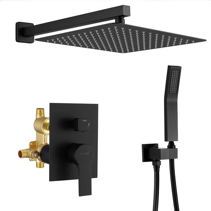 SHAMANDA Brass Rainfall Shower System, Luxuly Bathroom Shower Faucet Combo Set Matte Black (Including Rough-in Valve Body and Trim), L7001-7