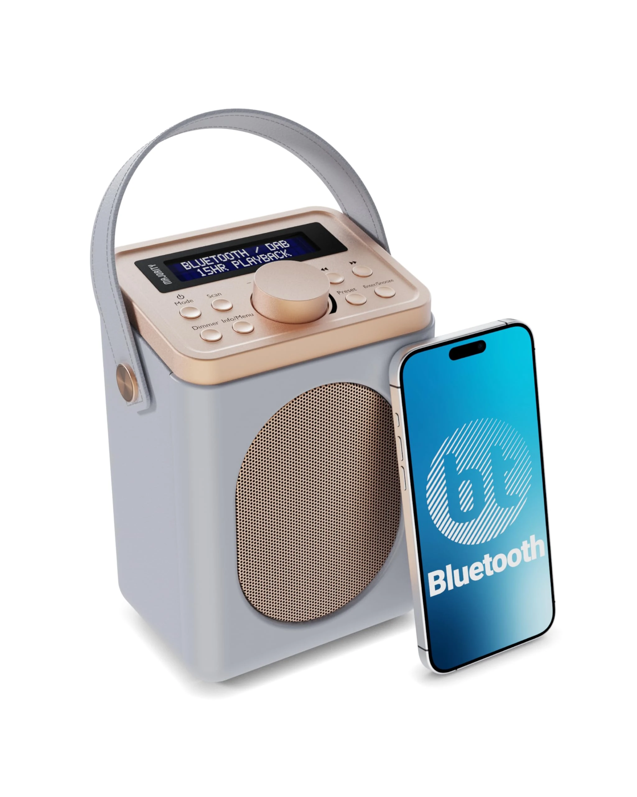 Portable DAB+ Radio with Bluetooth | 15 Hour Battery Playback and Mains Powered | Dual Alarm & Snooze Function | 20+ Presets, LED Display, FM, Headphone Jack | MAJORITY Little Shelford (Grey)