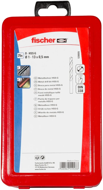 fischer Metal Drill Bit Set, 1-13 mm, 25-Piece, HSS Steel, Spiral Drill Bits for Metal & Non-ferrous Metal