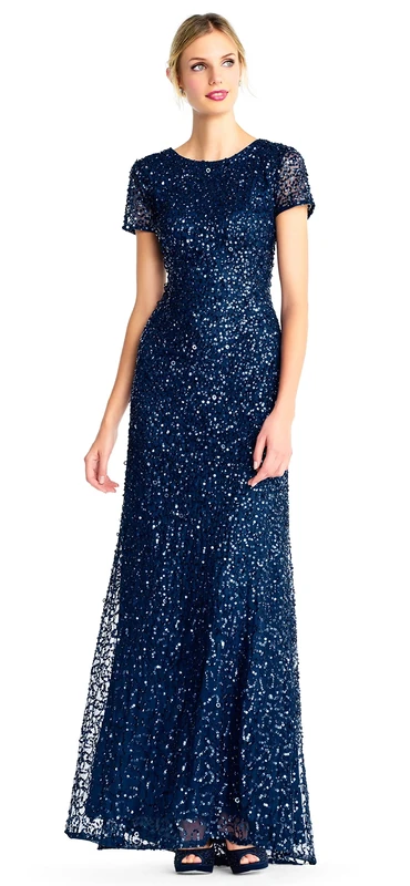 Adrianna Papell Womens Sequined V-Back Evening Dress