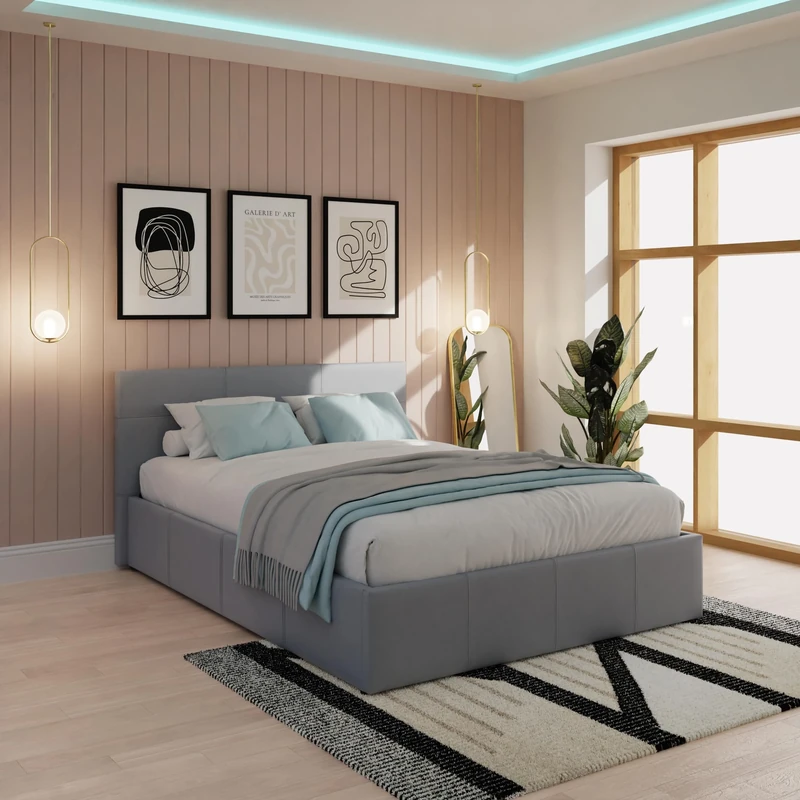 GFW Classic Leather Upholstered Ottoman Storage Bed With Gas End Lift & Under Bed Storage, Small Double, Faux Leather, Grey