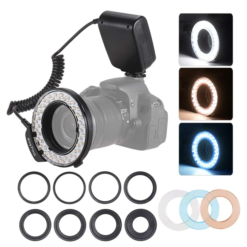 Led Camera Light,Docooler GN46 Macro Ring Flash with LCD Display Power Control Color Filter for Canon Nikon Panasonic Pentax Olympus Cameras with 40.5mm 52mm 55mm 58mm 62mm 67mm 72mm 77mm Len Adapter
