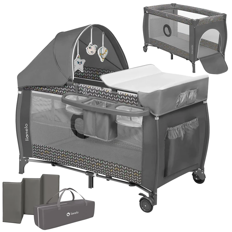 Lionelo Sven Plus 2in1 Travel Cot and Portable Baby Zone for newborns 0-36 Months Foldable with 2-level Heights, Changing Table, Mattress, Side Entrance Mesh Walls Mosquito Net Canopy Wheels Organiser