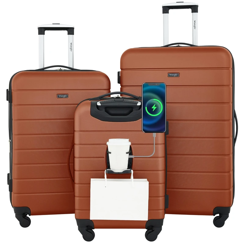 Wrangler Smart Luggage Set with Cup Holder and USB Port, Burnt Orange, 3 Piece Set, Smart Luggage Set with Cup Holder and USB Port