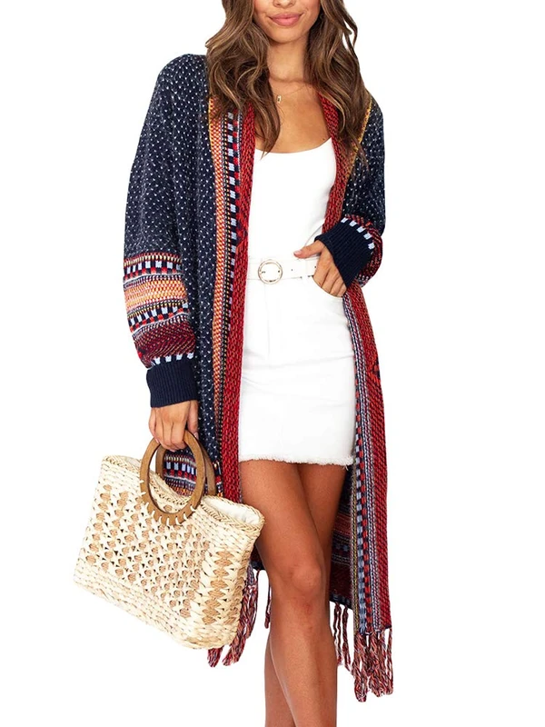 FERBIA Women Boho Cardigan Sweater Long Open Front Maxi Knit Sweaters Aztec Tribal Tassel Fringe Thin Coat, A-Navy, Small