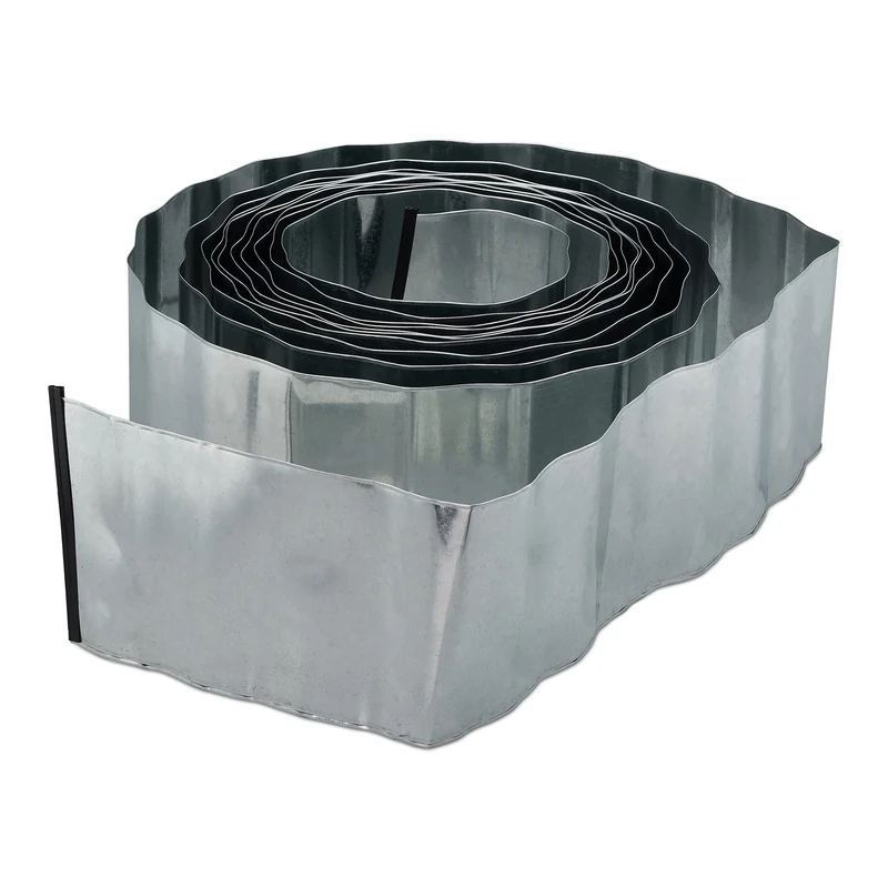 Relaxdays 10m Lawn Edging, Metal Flowerbed Border, Galvanized, Flexible, Garden Fencing, 16 cm Tall, Silver