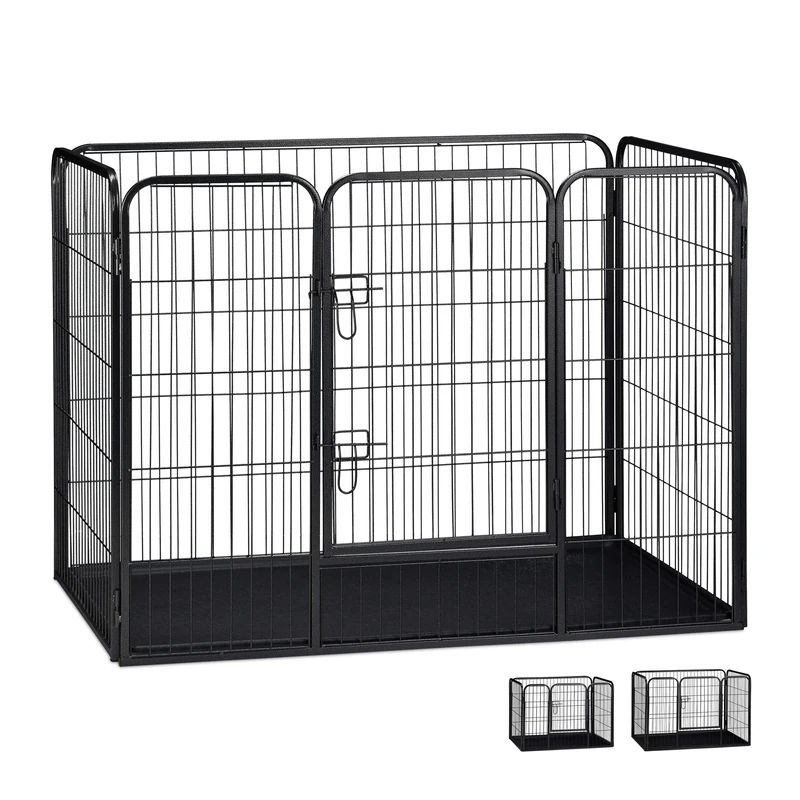 Relaxdays XL Puppy Pen with Base for Small Dogs, Rabbits and Puppies, 90 x 125 x 78 cm, Black
