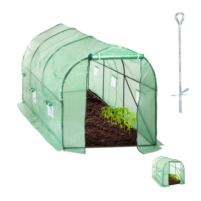 Relaxdays Walk-In Tunnel Tomato Greenhouse, Door, Balcony & Garden, Plug-in System, Grow Tent, 200x300x600cm, Green