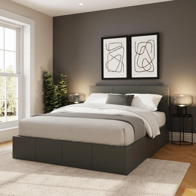 GFW Classic Leather Upholstered Ottoman Storage Bed With Gas Side Lift & Under Bed Storage, Small Double, Grey