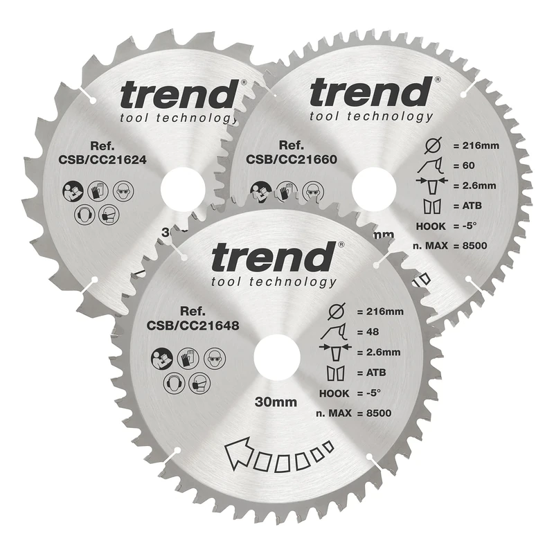 Trend Wood Mitre Saw Blades, 216mm Diameter, 30mm Bore, 24/48/60 Teeth, 2.6mm Kerf, -5° Hook, TCT, Coarse/Fine/Extra-Fine Finish, 3 Pack, CSB/CC216/3PK