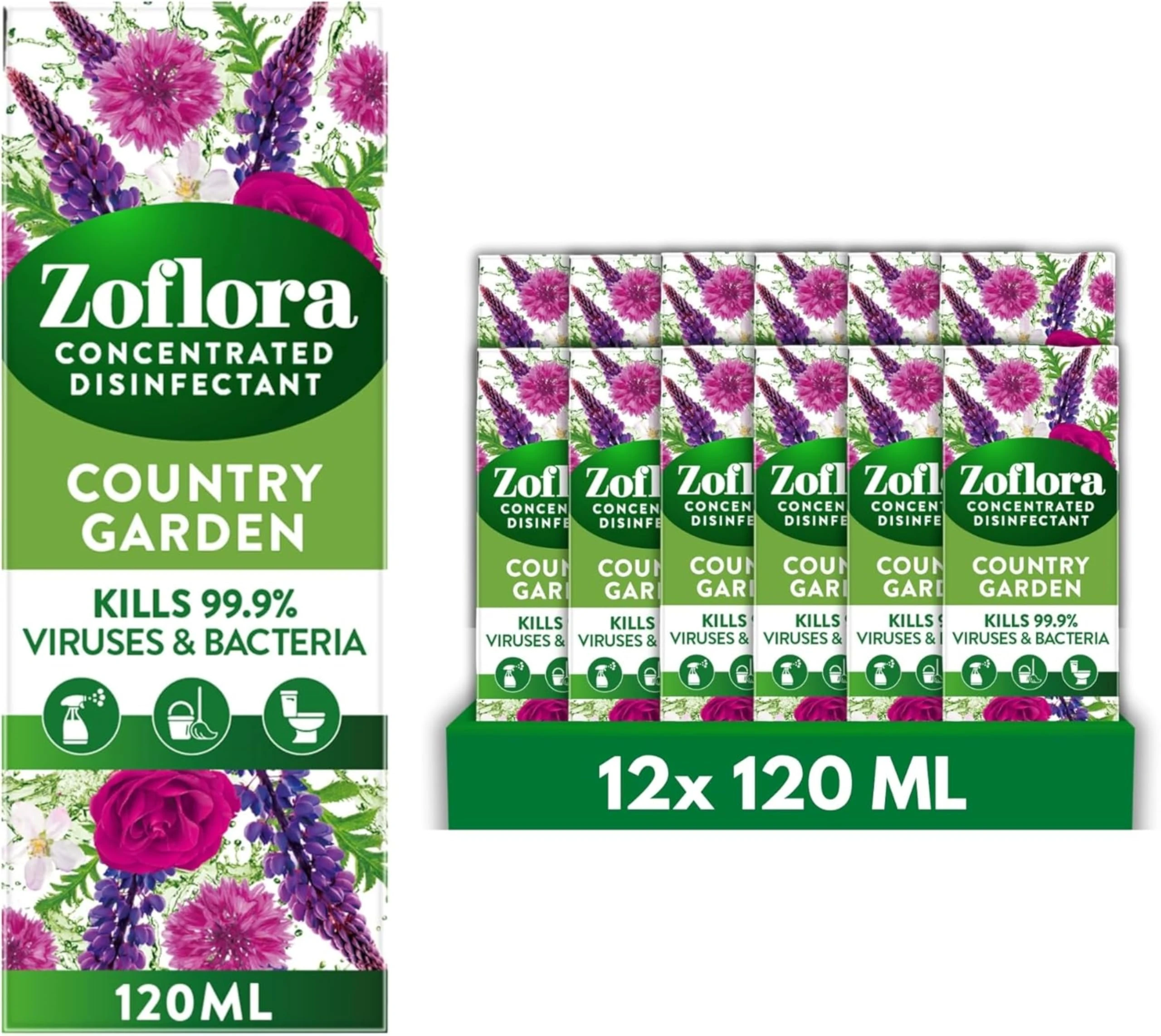Zoflora Country Garden Concentrated Disinfectant Liquid,Pack of 12 x 120ml, Antibacterial & Multi-Surface Cleaner, Eliminates 99.9% of Germs & Odors