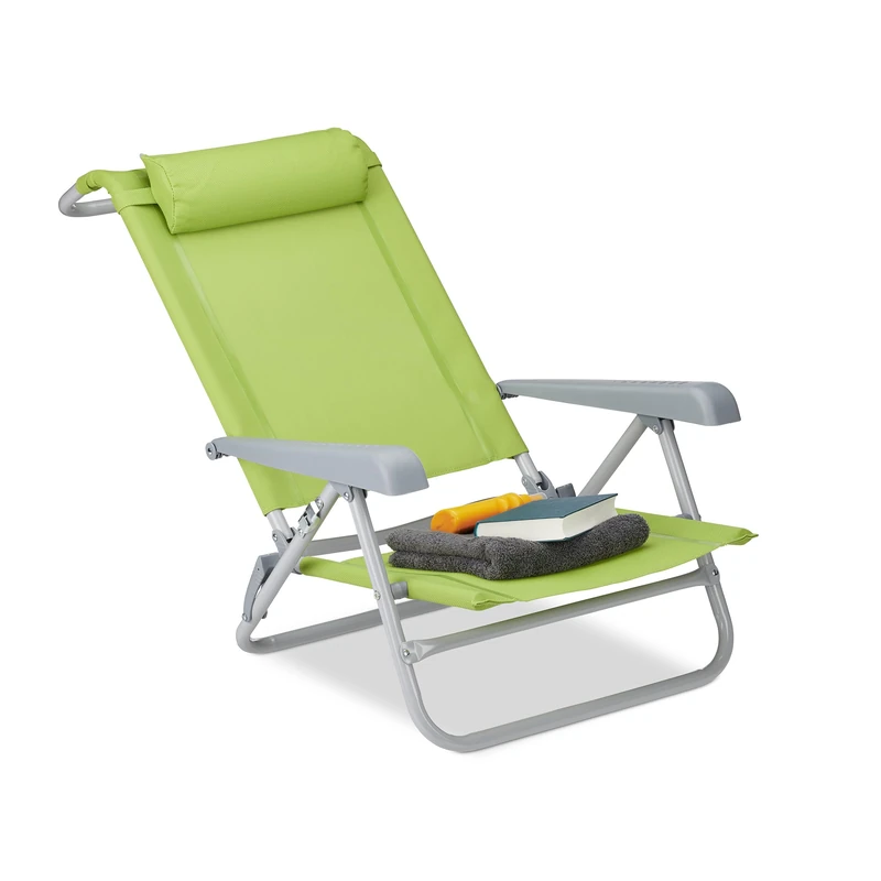 Relaxdays Folding Deck Chair, Neck Cushion, Bottle Opener, Adjustable Armrests, 120 kg, Textilene Fabric, Green