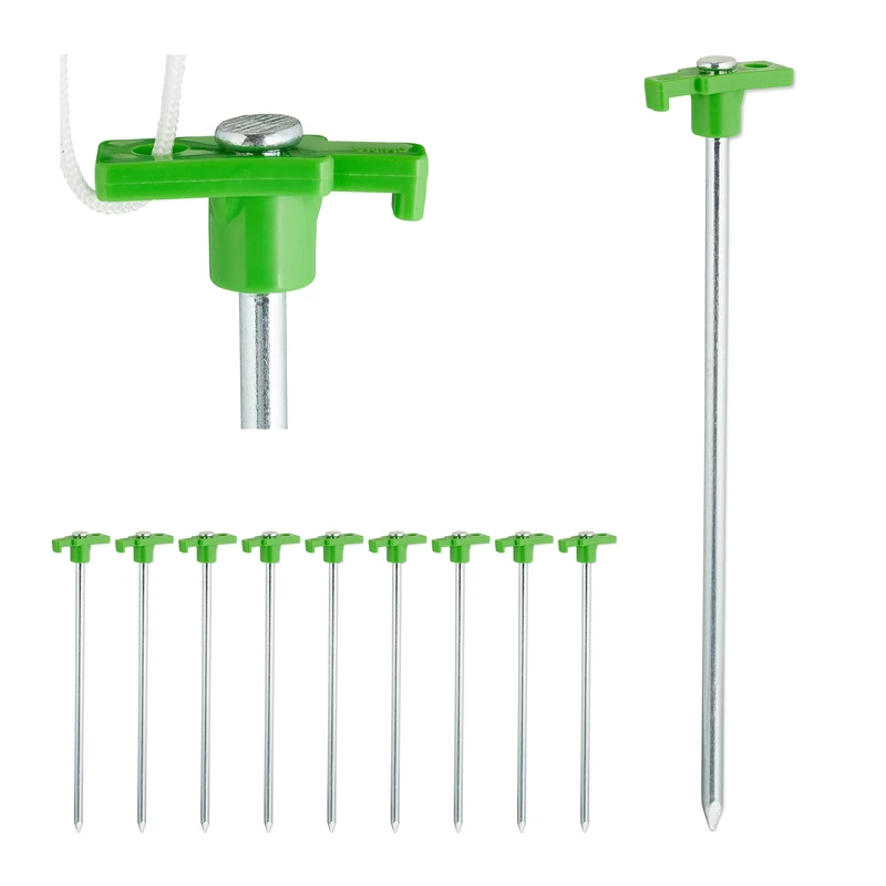 Relaxdays Set of 10 Heavy Duty Tent Pegs, Hard Ground Anchors, 25 cm, Steel Ground Stakes, Galvanized Steel, Light-green