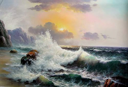 Kungfu Art Handmade Seascape Oil Painting Ocean Waves Canvas Wall Art for Living Room Bedroom Home d¨¦cor, 100% Hand-Painted Framed and Stretched Wall Painting Ready to Hang - Image 1