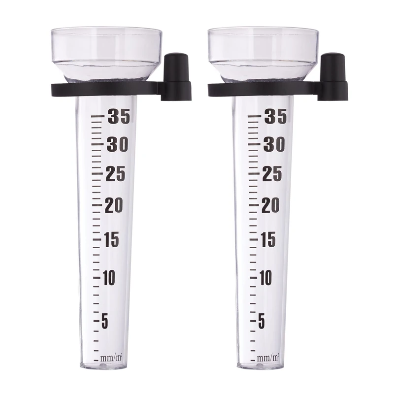 Relaxdays Rain Gauge Set of 2, With Holder, Garden Rainfall Measurer, Large Gage 35 mm/m², Plastic, Transparent