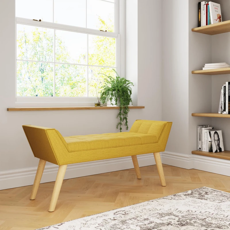 GFW Milan Upholstered Storage Bench, Window Seat With A Padded Stool Seat With Accent Solid Wood Legs, Suitable for Living Room Bedroom Hallway Or Dining Room Mustard Yellow H-51cm x W-118cm x D-43cm