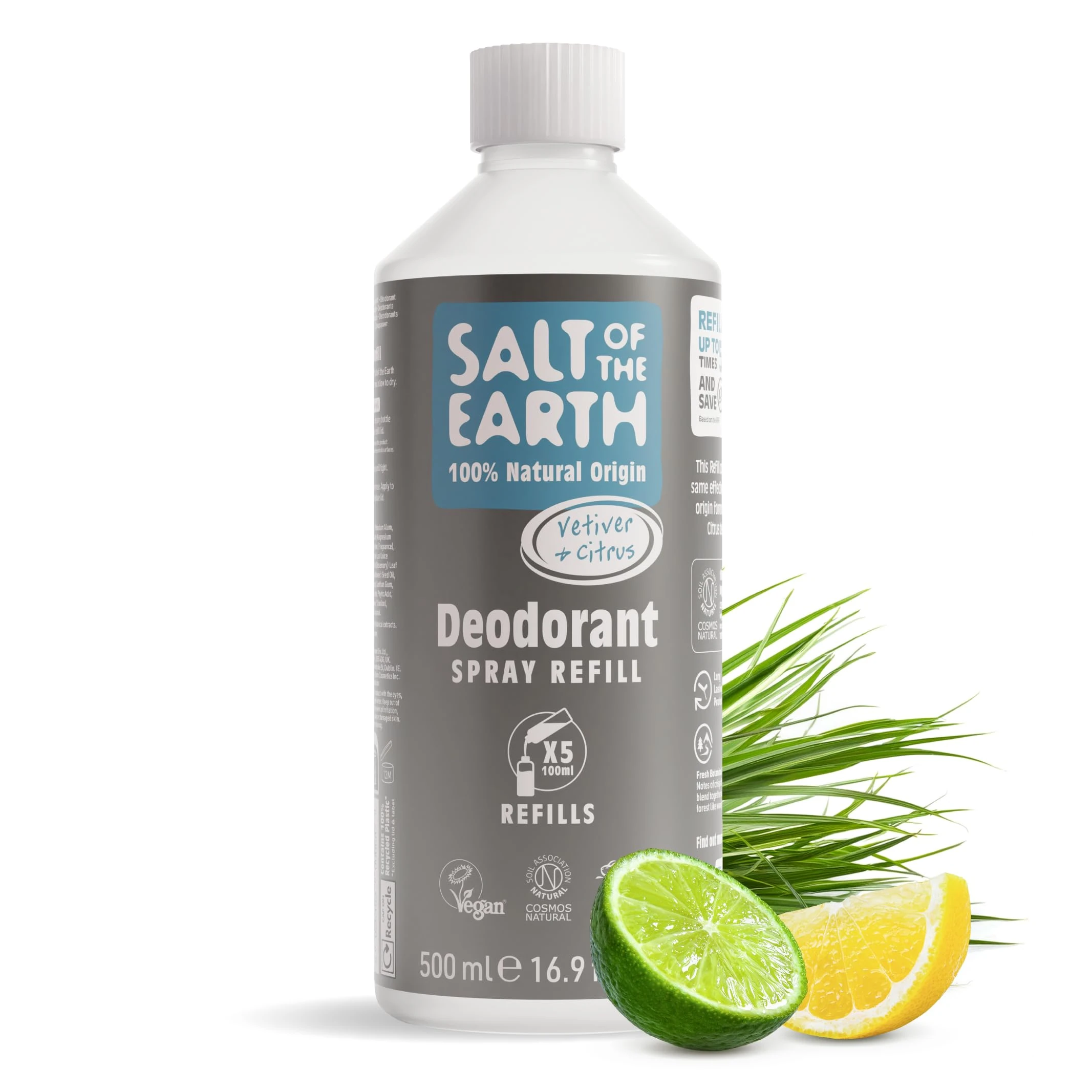 Salt of the Earth - Natural Deodorant Spray Refill - Certified Natural, Vegan, Long Lasting Protection, Leaping Bunny Approved, Made in the UK - 500ml (Vetiver & Citrus)