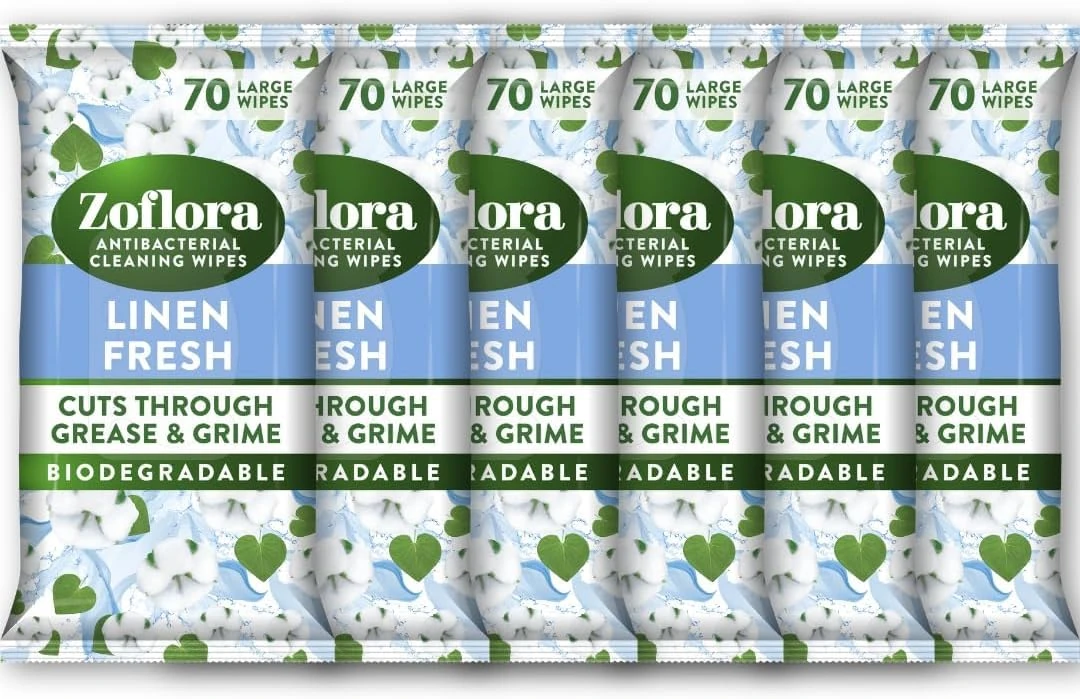 Zoflora Linen Fresh Large Biodegradeable Wipes, Antibacterial Cleaning, 6 x 70 Wipes Pack, Multi-Surface Disinfectant, Removes Odours & Kills 99.9% of Bacteria & Viruses